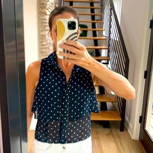 Sheer layered sleeveless Navy/white polkadot blouse.  From I Love H81, LA
